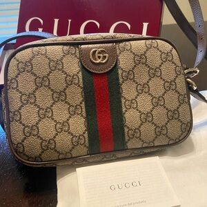 Gucci Beige and Brown Crossbody with Red and Green Stripe